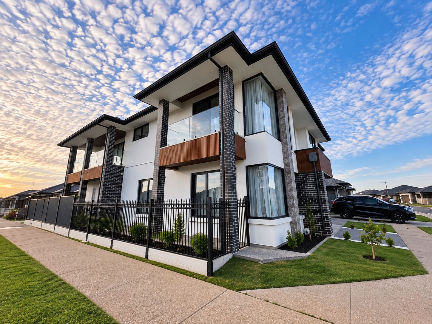 Modern two-storey residential property with white walls, dark brick columns and glass balconies