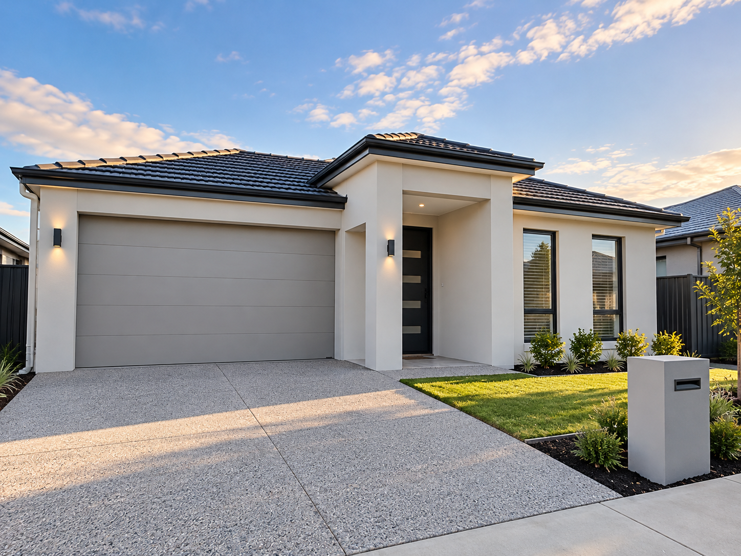 Modern single-storey home with grey garage door, white walls and dark tiled roof
